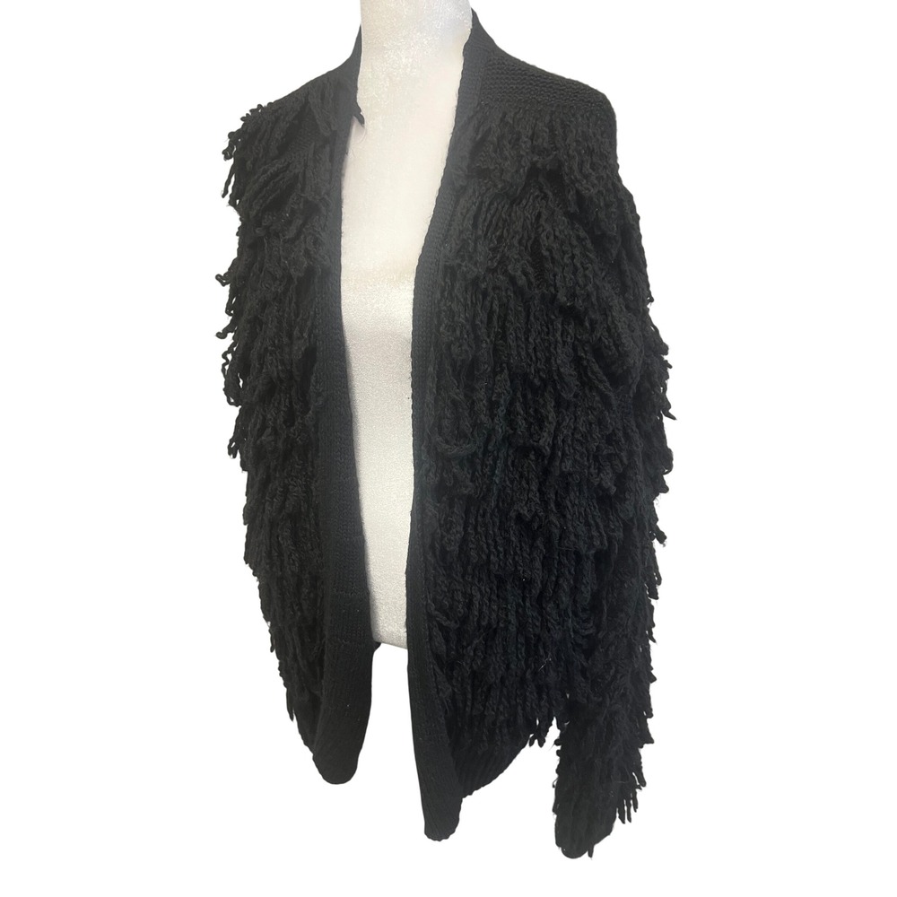 GAP Shag Fringed Cardigan Sweater Women Sz L Tall Black Open Front Boho Y2K